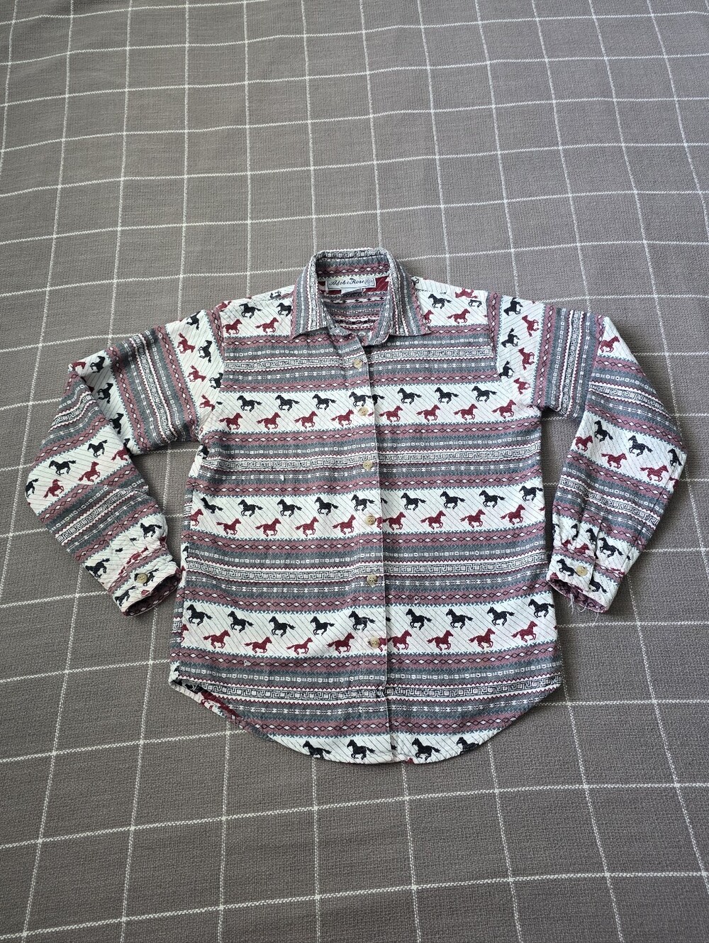 Vtg 90s Adobe Rose Western Button Down Shirt Horses Motif Southwestern
